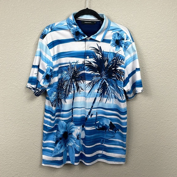 Bugatchi Stretch Blue Hawaiian Aloha Floral Short Sleeve Surf Polo Shirt Sz XL - Picture 1 of 8
